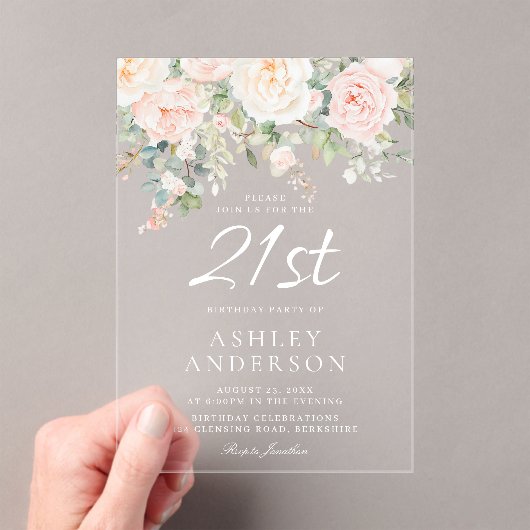 赤面とアイボリーの花21歳の誕生日パーティー アクリル招待状 (インサイチュ (ポータブル))