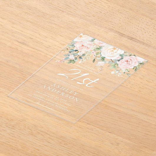 赤面とアイボリーの花21歳の誕生日パーティー アクリル招待状 (レイダウン)