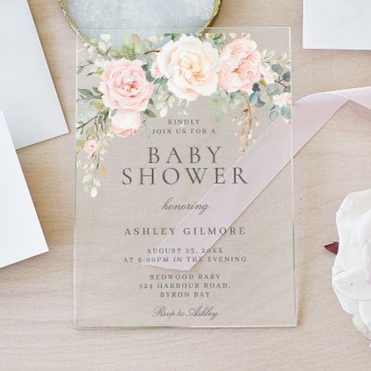 赤面とアイボリーフローラ水色ベビーシャワー アクリル招待状