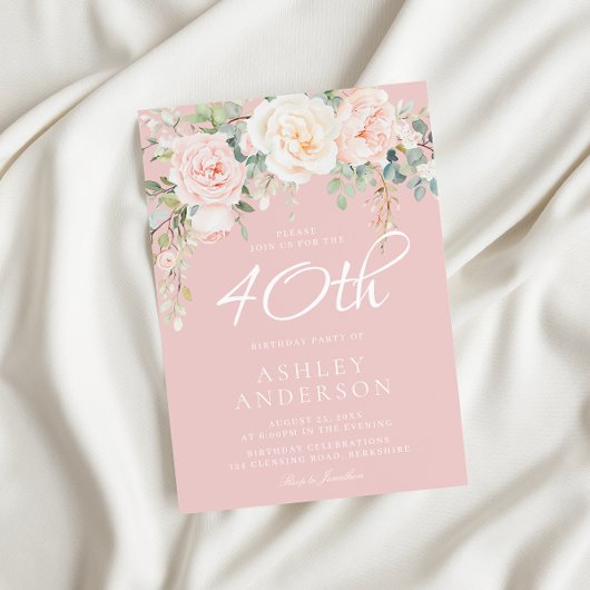 赤面とアイボリー花女性40th誕生日パーティー 招待状