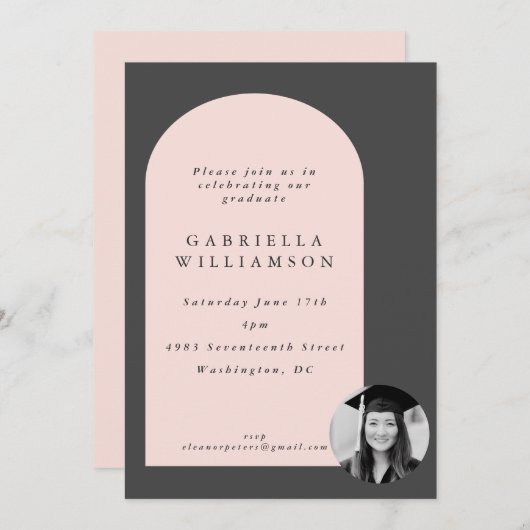赤面とグレーはっきりしたシェイプ写真卒業パーティー 招待状 (正面/裏面)