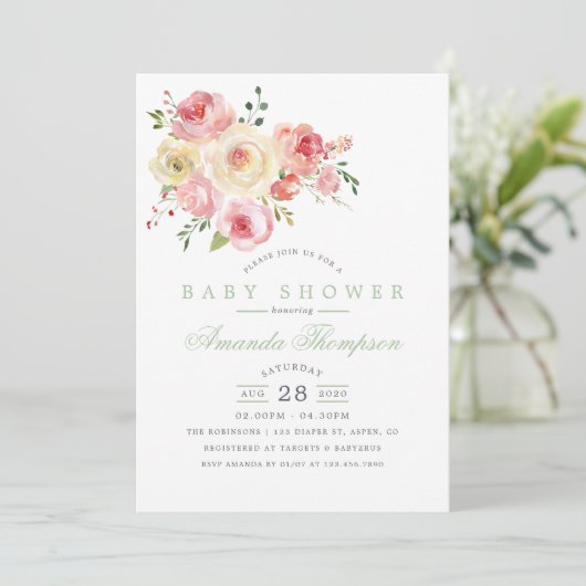 赤面とセージ水の色のフローラベビーシャワー 招待状 (スタンド正面)