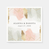 赤面とセージ水の色の金ゴールドジオメトリック結婚ス スタンダードカクテルナプキン (正面)