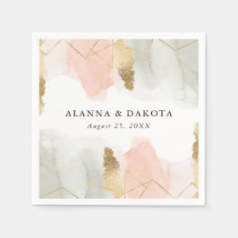 赤面とセージ水の色の金ゴールドジオメトリック結婚ス スタンダードカクテルナプキン