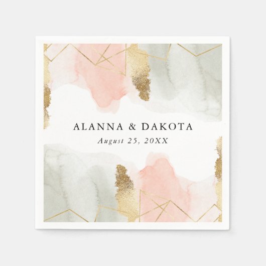 赤面とセージ水の色の金ゴールドジオメトリック結婚ス スタンダードカクテルナプキン (正面)