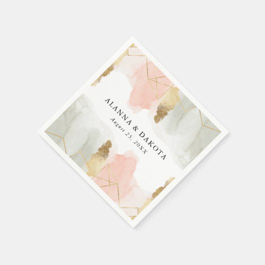 赤面とセージ水の色の金ゴールドジオメトリック結婚ス スタンダードカクテルナプキン (角)