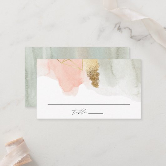 赤面とセージ水の色の金ゴールドジオメトリック結婚ス プレイスカード (正面/裏面インサイチュ)