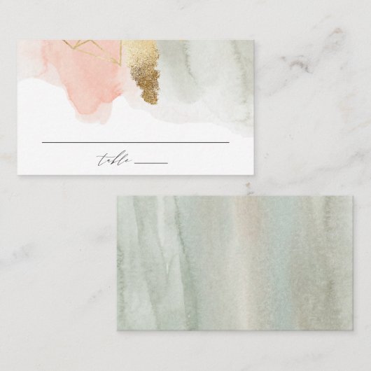 赤面とセージ水の色の金ゴールドジオメトリック結婚ス プレイスカード (正面/裏面)