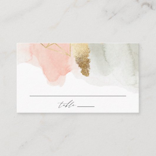 赤面とセージ水の色の金ゴールドジオメトリック結婚ス プレイスカード (正面)
