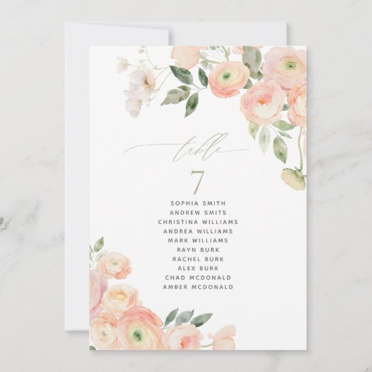 赤面とセージ緑のテーブル番号座席表 招待状 (裏面)