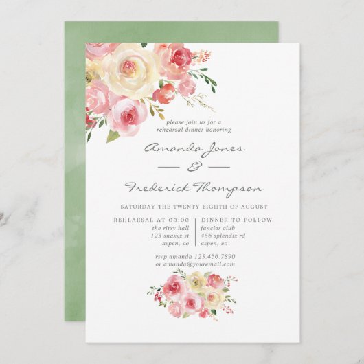 赤面とセージ緑のフローラリハーサルディナー 招待状 (正面/裏面)