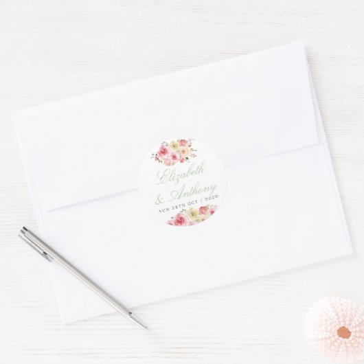 赤面とセージ緑のフローラ水の色結婚の ラウンドシール (封筒)