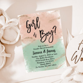 赤面とセージ緑の性別リビール、水色、金ゴールド 招待状