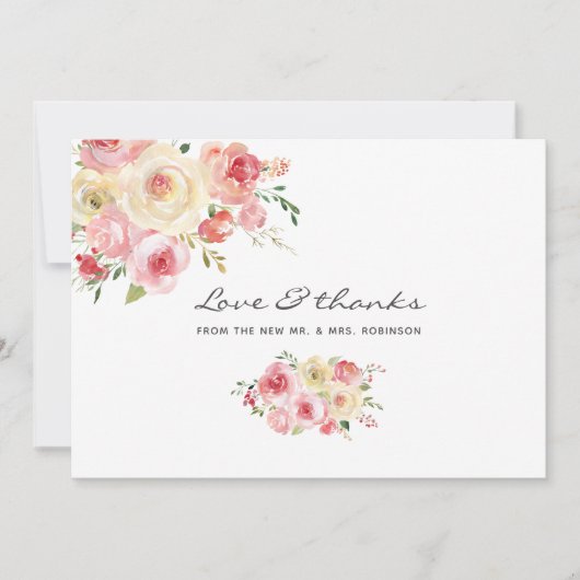 赤面とセージ緑の水色のフローラ サンキューカード (正面)