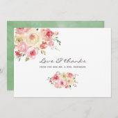 赤面とセージ緑の水色のフローラ サンキューカード (正面/裏面)