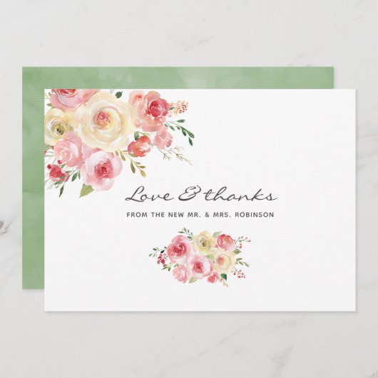 赤面とセージ緑の水色のフローラ サンキューカード (正面/裏面)