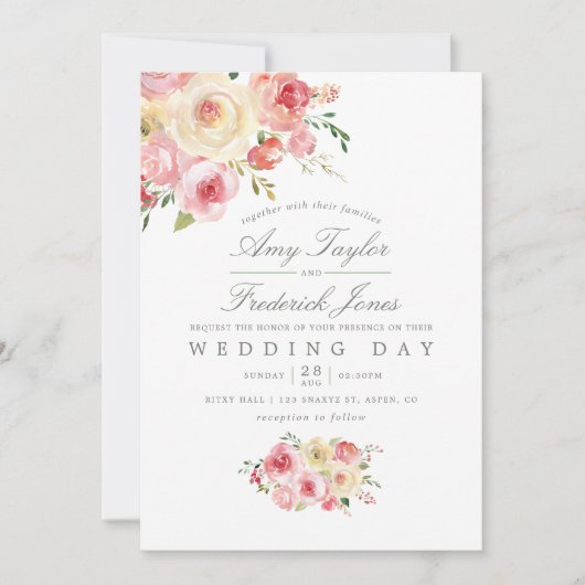 赤面とセージ緑の水色のフローラ 招待状 (正面)