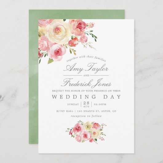 赤面とセージ緑の水色のフローラ 招待状 (正面/裏面)