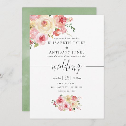 赤面とセージ緑の水色のフローラ 招待状 (正面/裏面)