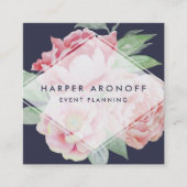 赤面とネイビーアンティーク牡丹ジオメトリック スクエア名刺 (正面)