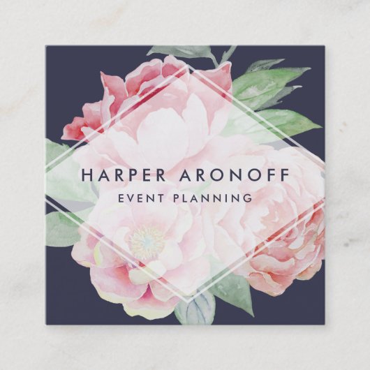 赤面とネイビーアンティーク牡丹ジオメトリック スクエア名刺 (正面)