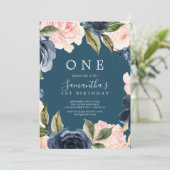 赤面とネイビーフラワーズブルーリースファースト誕生日 招待状 (スタンド正面)