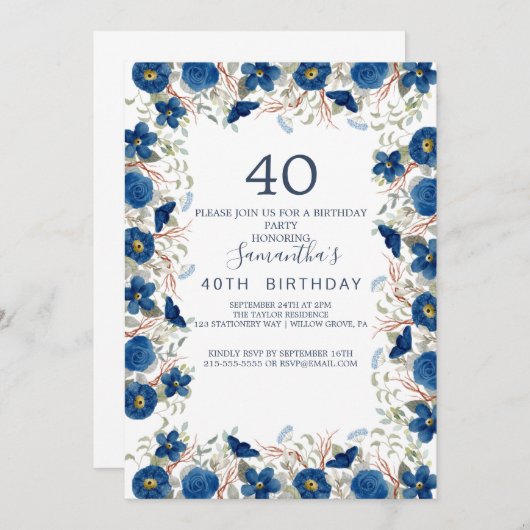 赤面とネイビーフラワーズブルーリース40th誕生日 招待状 (正面/裏面)