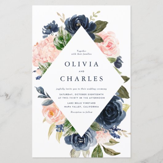 赤面とネイビーフラワーQRコード結婚式招待状 (正面)