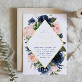 赤面とネイビーフローラフレームQRコード結婚ズ 箔招待状