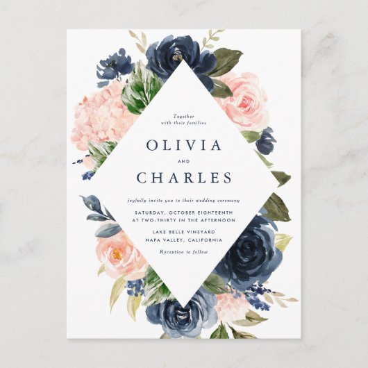 赤面とネイビーブルーフローラフレームQRコード結婚ズ インビテーションポストカード (正面)