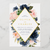 赤面とネイビーブルーフローラフレームQRコード結婚ズ 箔招待状 (正面)