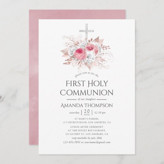 赤面とバラ金ゴールドフローラファーストホーリーコミュニオン 招待状 (正面/裏面)