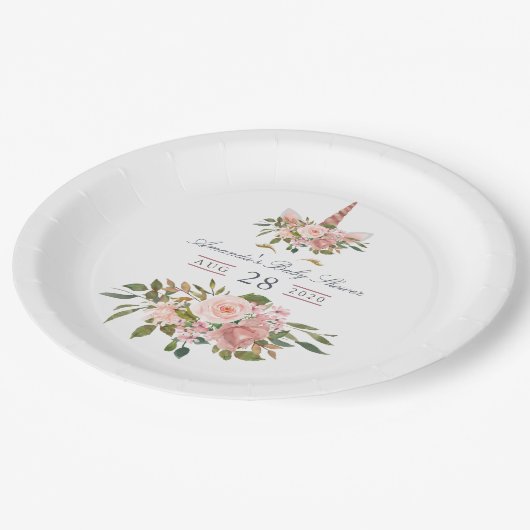 赤面とバラ金ゴールドフローラユニコーンベビーシャワー ペーパープレート (アングル)