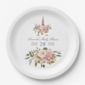 赤面とバラ金ゴールドフローラユニコーンベビーシャワー ペーパープレート (正面)