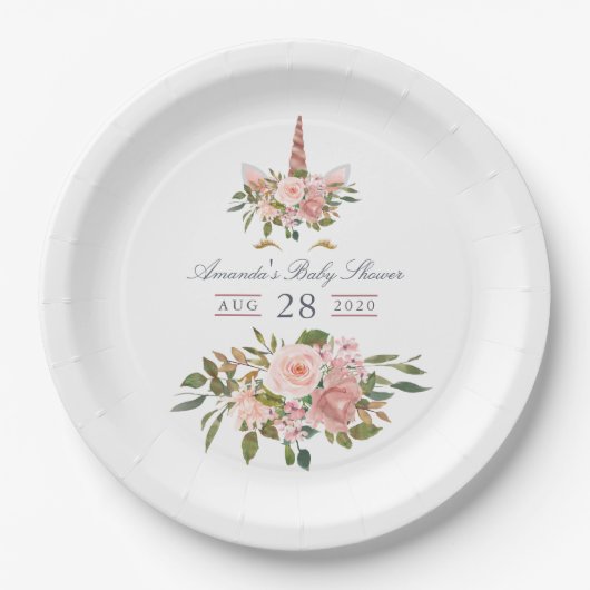 赤面とバラ金ゴールドフローラユニコーンベビーシャワー ペーパープレート (正面)