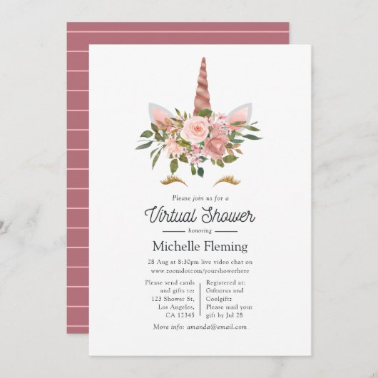 赤面とバラ金ゴールドユニコーン仮想ベビーシャワー 招待状 (正面/裏面)