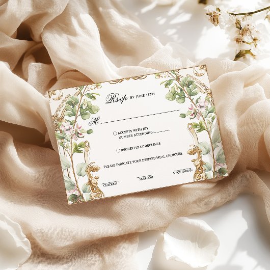 赤面とピンクのフローラ庭園の結婚式食事の選択R 出欠カード