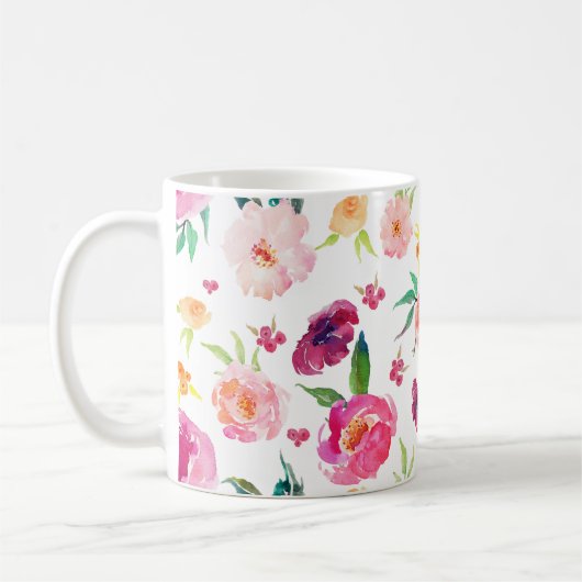 赤面とピンクの水の色の牡丹のパターンマグ コーヒーマグカップ (左)