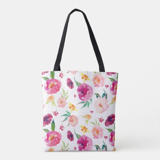 赤面とピンクの水彩牡丹の模様モノグラム トートバッグ (裏面)