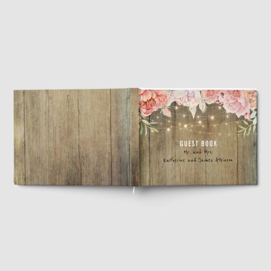 赤面とピンクの花素朴ひもライトウッド ゲストブック (全面)