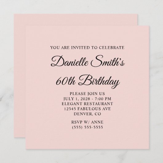 赤面とブラックエレガントスクリプト60誕生日 招待状 (正面/裏面)