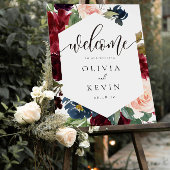 赤面とブルゴーニュのフローラフレーム結婚のウェルカムサイン ポスター