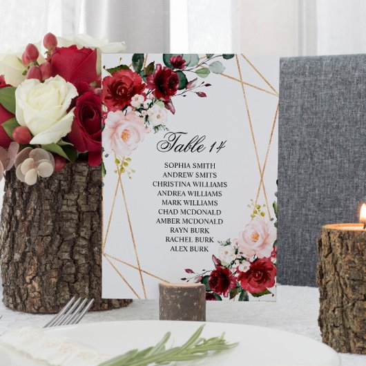 赤面とブルゴーニュバラ結婚のシーティングチャートカード 招待状