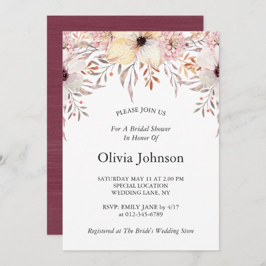 赤面とブルゴーニュ水彩フローラブライダルシャワー 招待状 (正面/裏面)