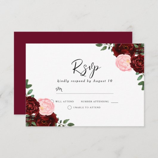 赤面とブルゴーニュ赤い花ゴージャス結婚ズ 出欠カード (正面/裏面)
