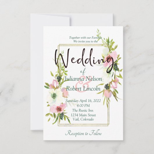 赤面とホワイトウォーター色フローラ結婚のinvitati 招待状 (正面)