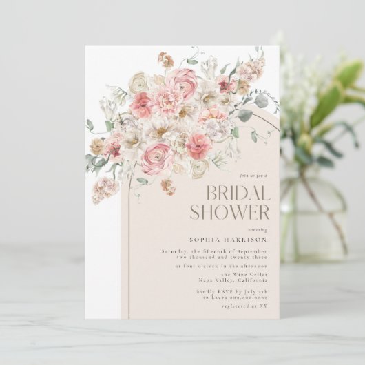 赤面とホワイトフローラアーチブライダルシャワー 招待状 (スタンド正面)