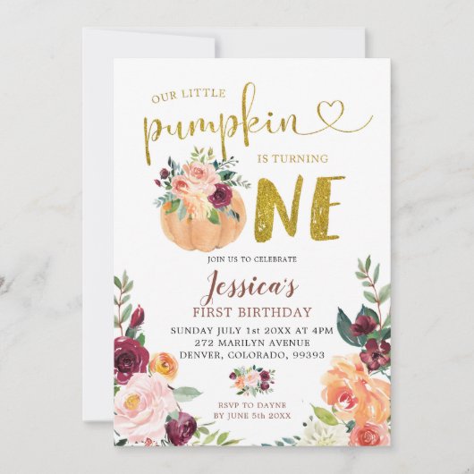 赤面とマルサラパンプキンフローラ最初の誕生日イン 招待状 (正面)