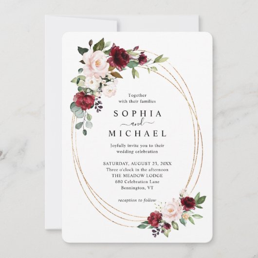 赤面とワインのフローラ金ゴールドオーバルシェイプ結婚のインビ 招待状 (正面)