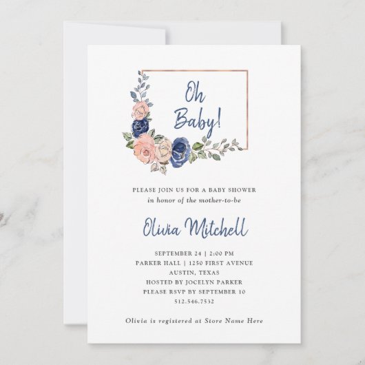 赤面と海軍のフローラ幾何学模様 | ああ赤ちゃんシャワー 招待状 (正面)